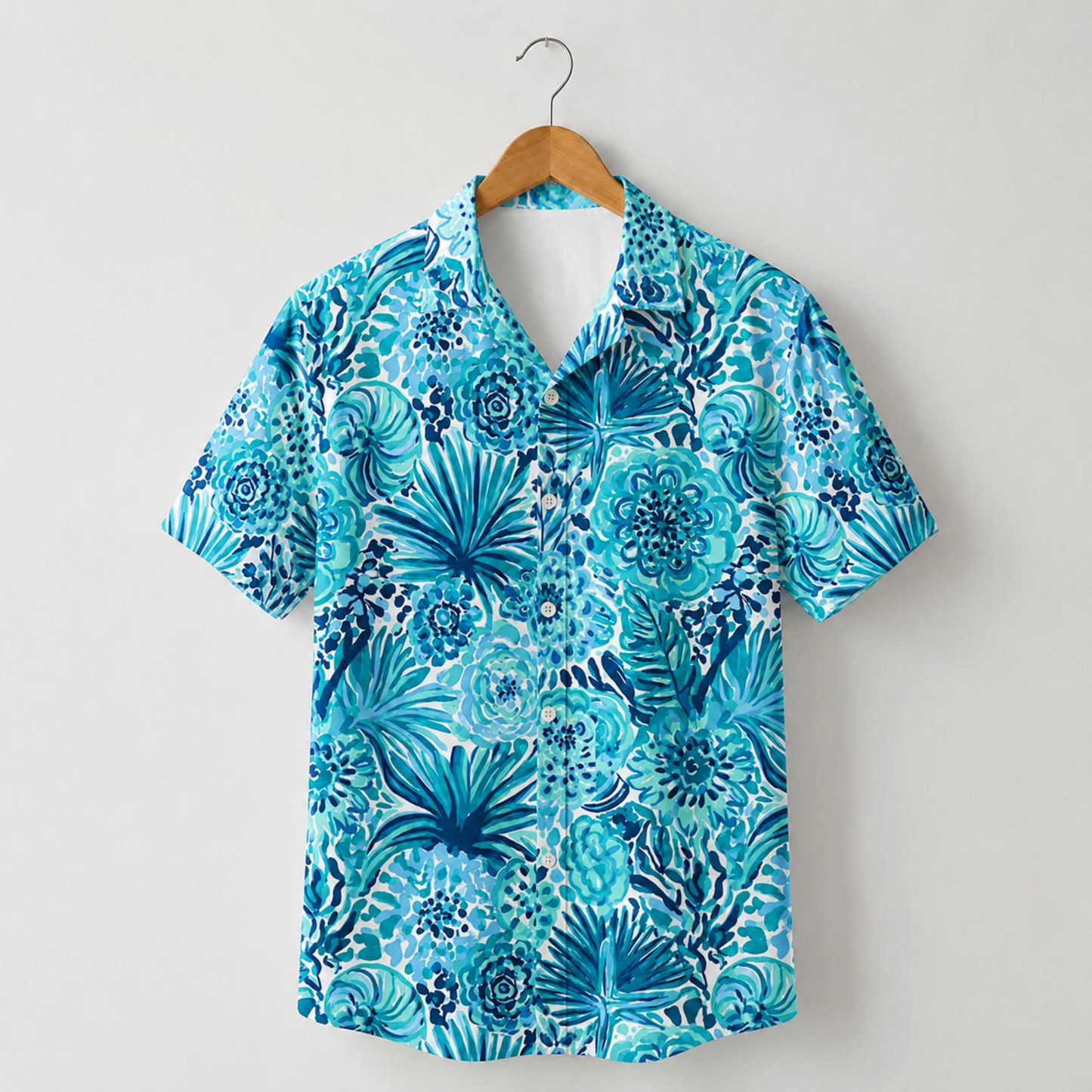 HW-M229-Azure Botanical Hawaiian Shirt with Elegant Graphic Floral Pattern for Summer Resort Wear