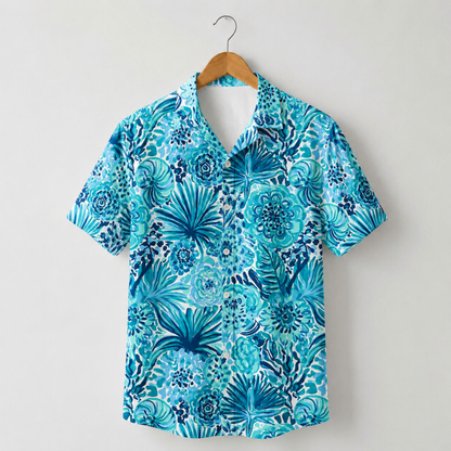 HW-M229-Azure Botanical Hawaiian Shirt with Elegant Graphic Floral Pattern for Summer Resort Wear