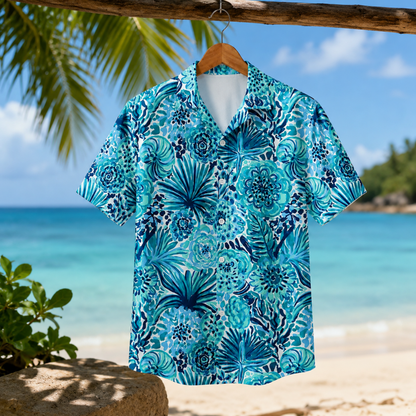 HW-M229-Azure Botanical Hawaiian Shirt with Elegant Graphic Floral Pattern for Summer Resort Wear