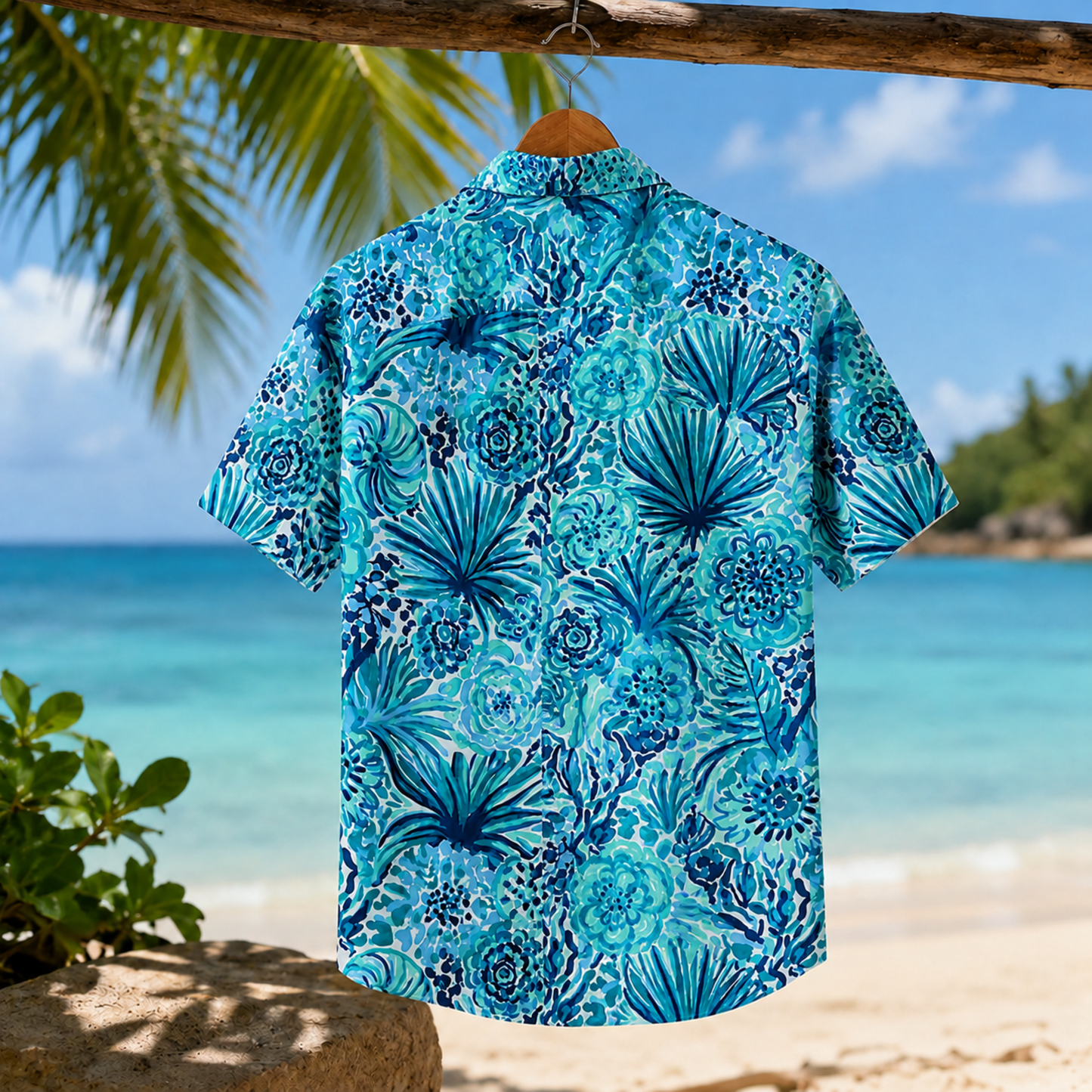 HW-M229-Azure Botanical Hawaiian Shirt with Elegant Graphic Floral Pattern for Summer Resort Wear