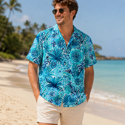 HW-M229-Azure Botanical Hawaiian Shirt with Elegant Graphic Floral Pattern for Summer Resort Wear
