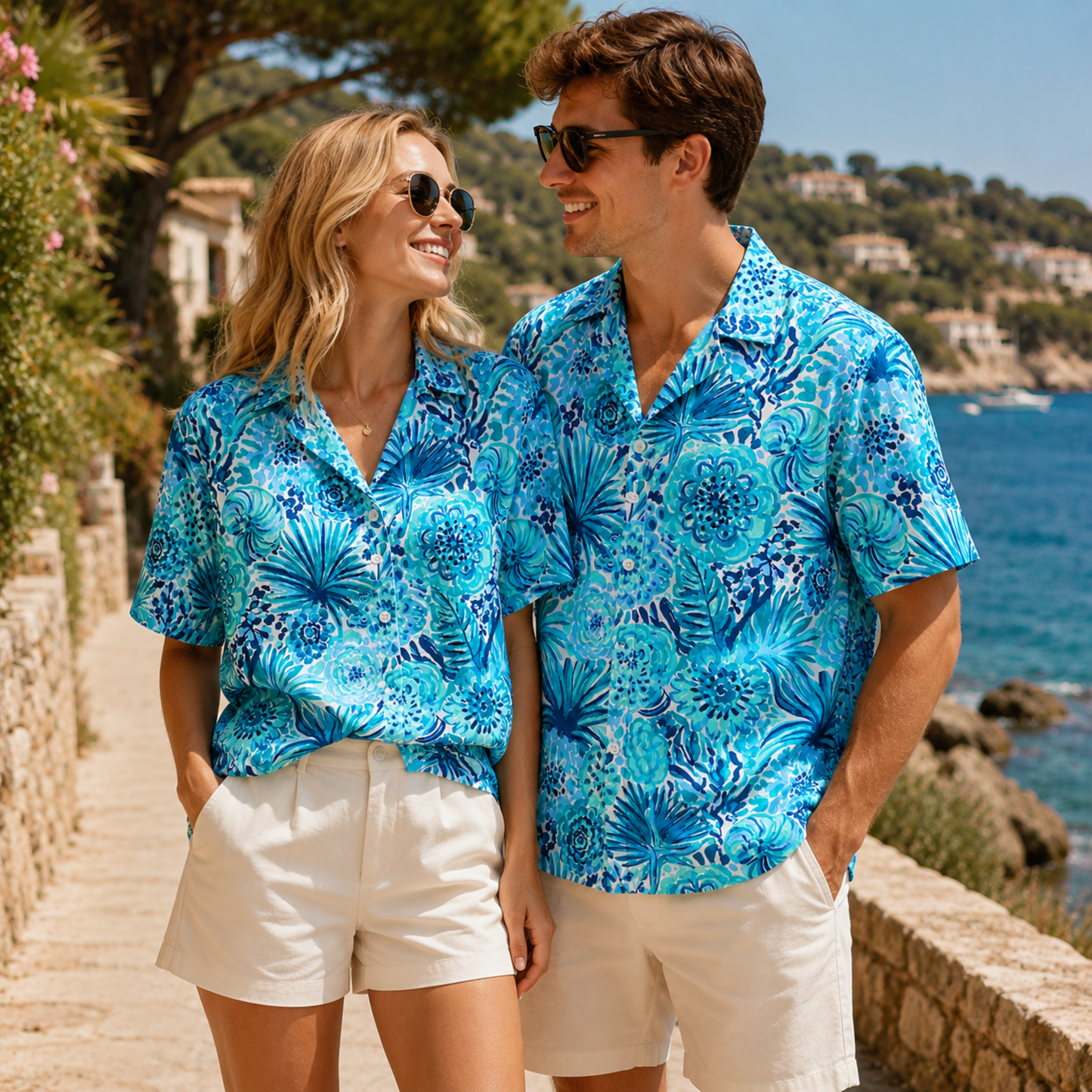 HW-M229-Azure Botanical Hawaiian Shirt with Elegant Graphic Floral Pattern for Summer Resort Wear