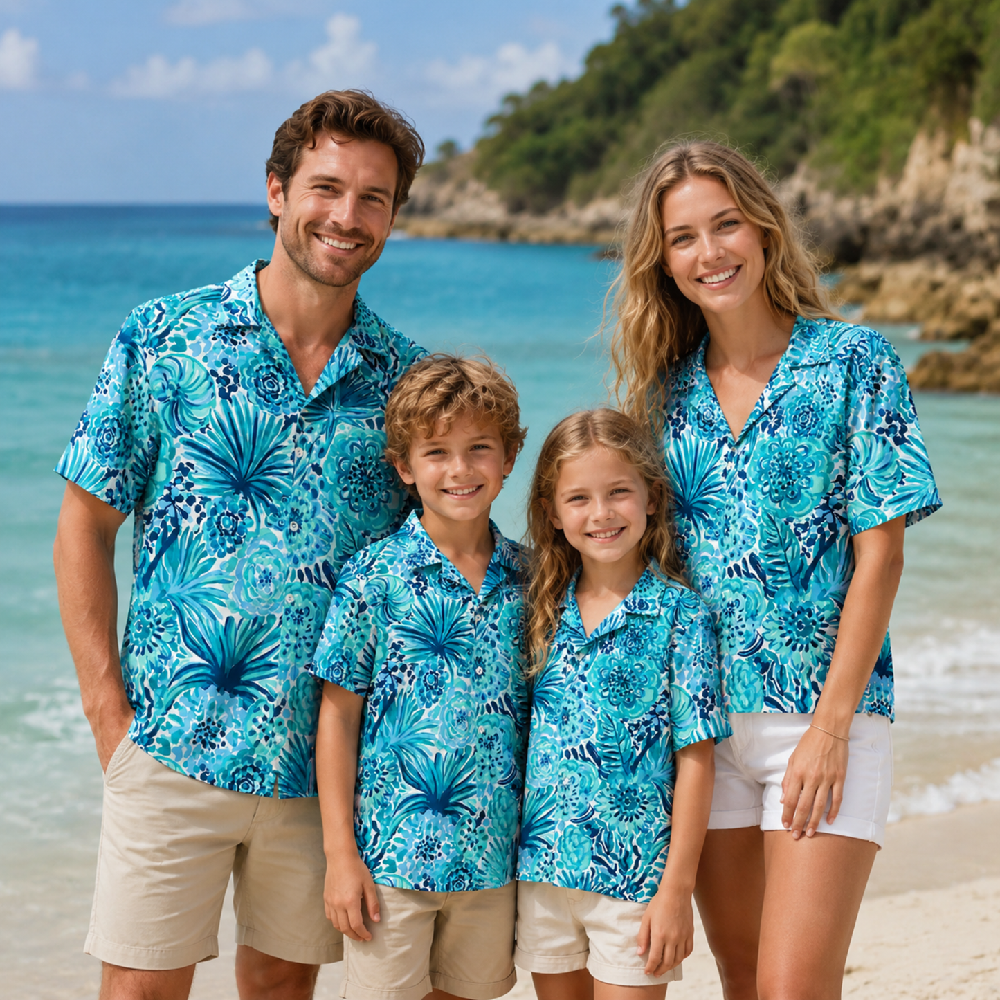 HW-M229-Azure Botanical Hawaiian Shirt with Elegant Graphic Floral Pattern for Summer Resort Wear