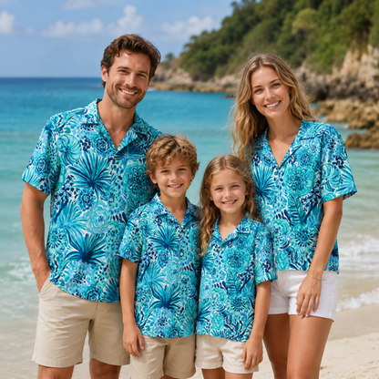 HW-M229-Azure Botanical Hawaiian Shirt with Elegant Graphic Floral Pattern for Summer Resort Wear