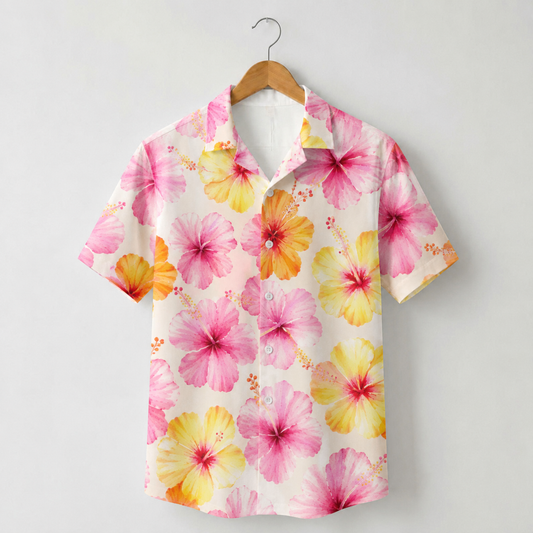 HW-M230-Pink Floral Hawaiian Shirt with Tropical Botanical Pattern for Beach Resort Wear
