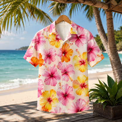 HW-M230-Pink Floral Hawaiian Shirt with Tropical Botanical Pattern for Beach Resort Wear