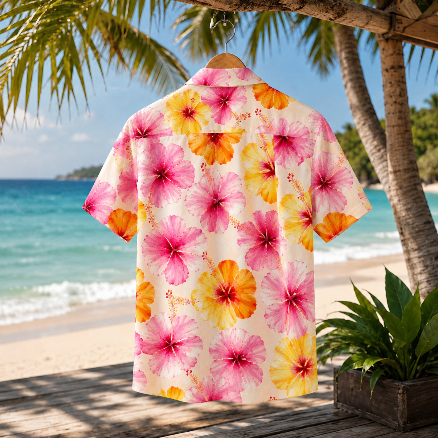 HW-M230-Pink Floral Hawaiian Shirt with Tropical Botanical Pattern for Beach Resort Wear