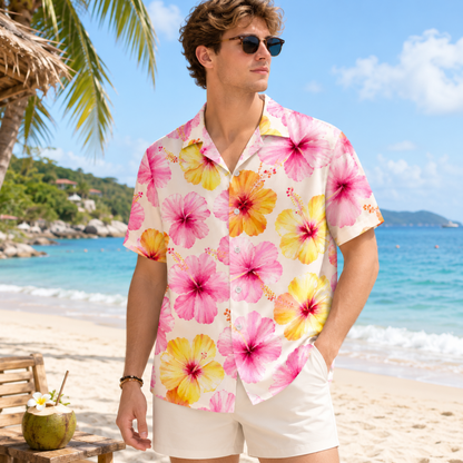 HW-M230-Pink Floral Hawaiian Shirt with Tropical Botanical Pattern for Beach Resort Wear