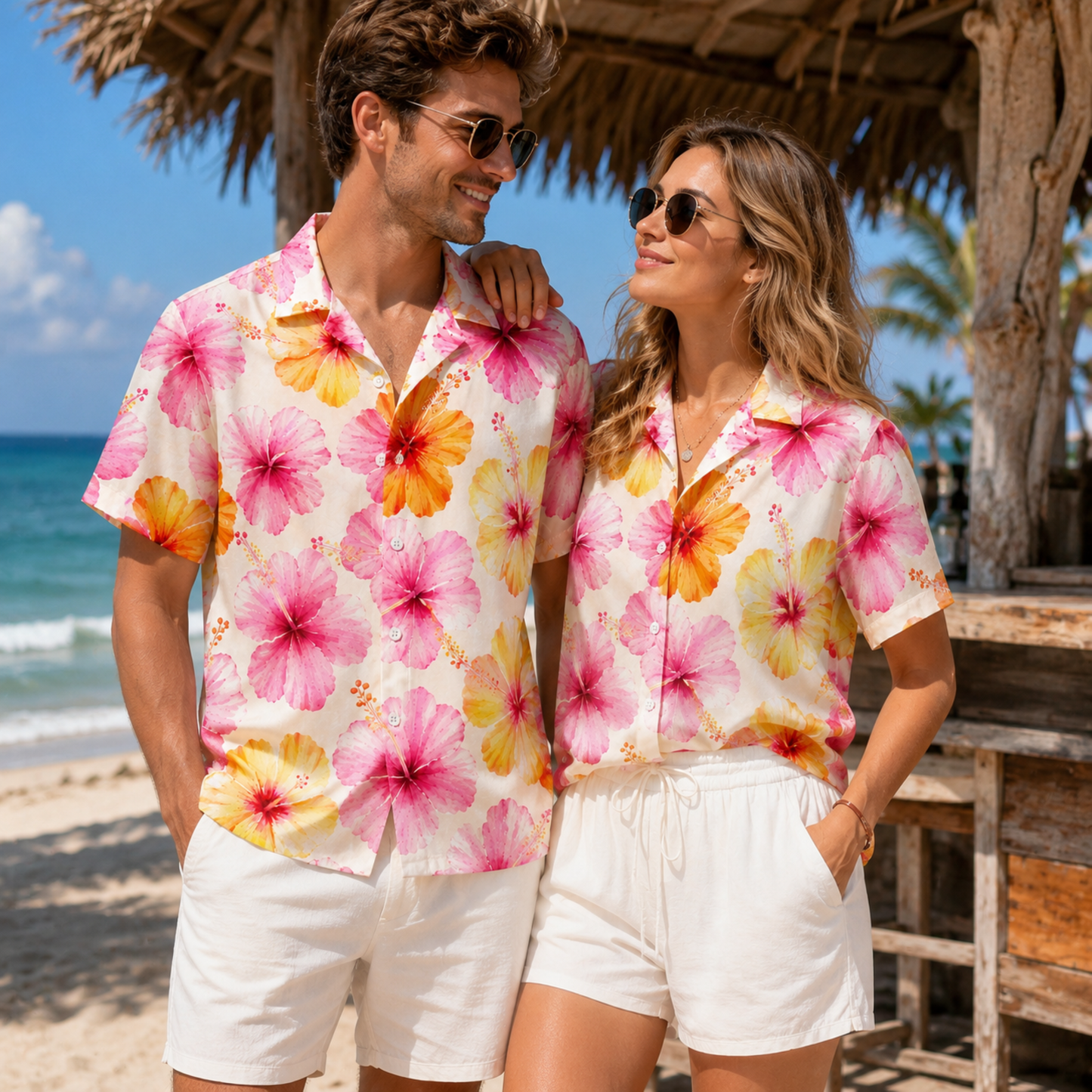 HW-M230-Pink Floral Hawaiian Shirt with Tropical Botanical Pattern for Beach Resort Wear