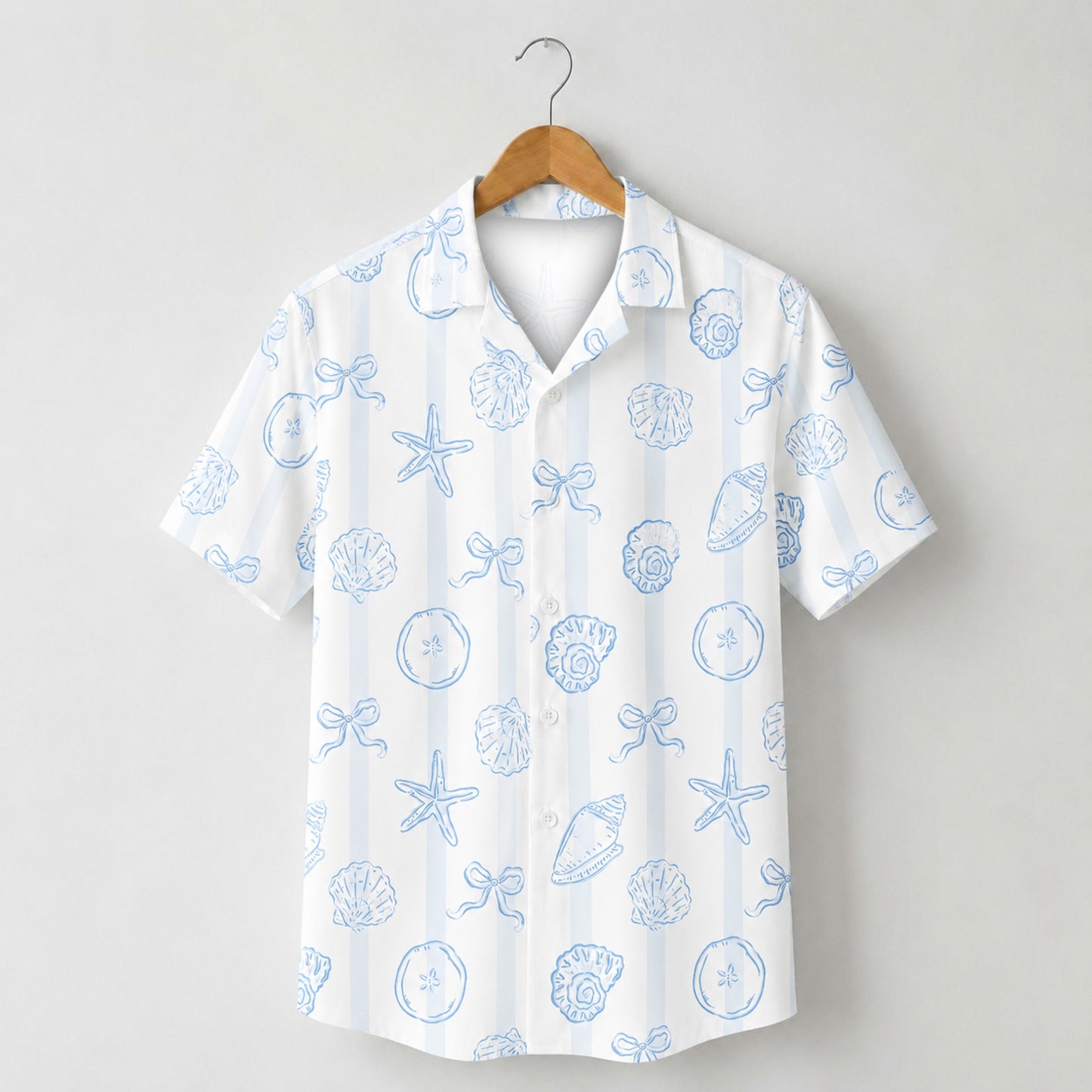 HW-M231-White Shell Hawaiian Shirt with Coastal Beach Pattern for Summer Resort Wear