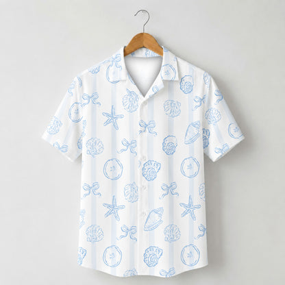 HW-M231-White Shell Hawaiian Shirt with Coastal Beach Pattern for Summer Resort Wear