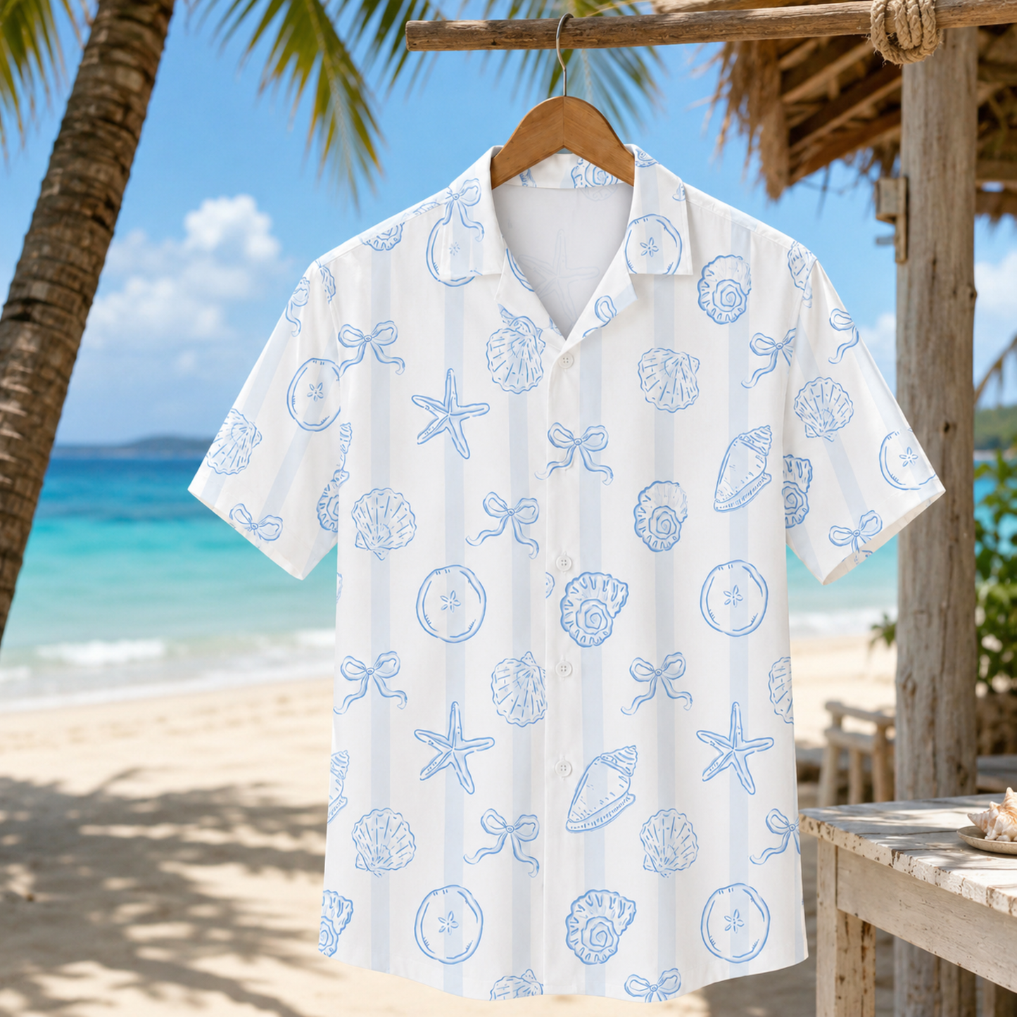 HW-M231-White Shell Hawaiian Shirt with Coastal Beach Pattern for Summer Resort Wear