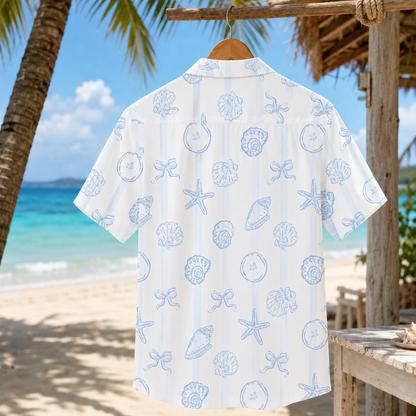 HW-M231-White Shell Hawaiian Shirt with Coastal Beach Pattern for Summer Resort Wear