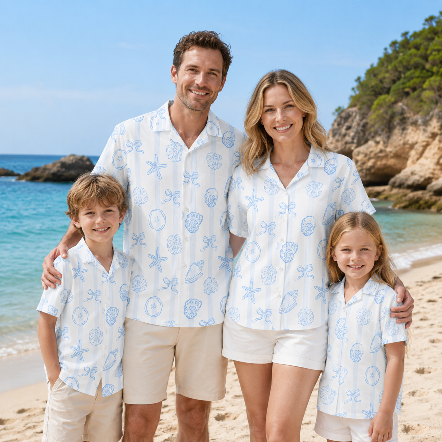 HW-M231-White Shell Hawaiian Shirt with Coastal Beach Pattern for Summer Resort Wear