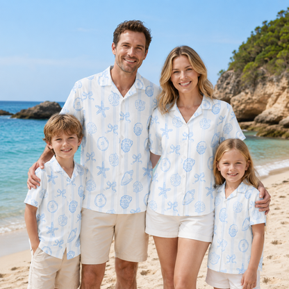 HW-M231-White Shell Hawaiian Shirt with Coastal Beach Pattern for Summer Resort Wear