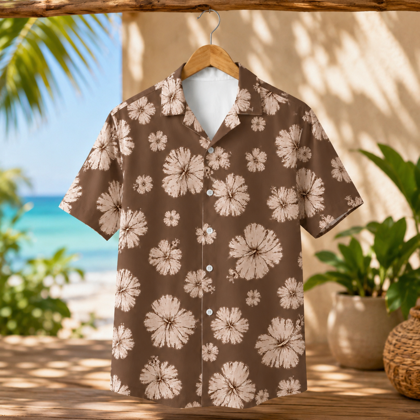 HW-M232-Brown Hawaiian Shirt Apparel, Floral Pattern Loungewear Vacation Summer Beach Resort Clothing