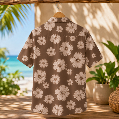 HW-M232-Brown Hawaiian Shirt Apparel, Floral Pattern Loungewear Vacation Summer Beach Resort Clothing