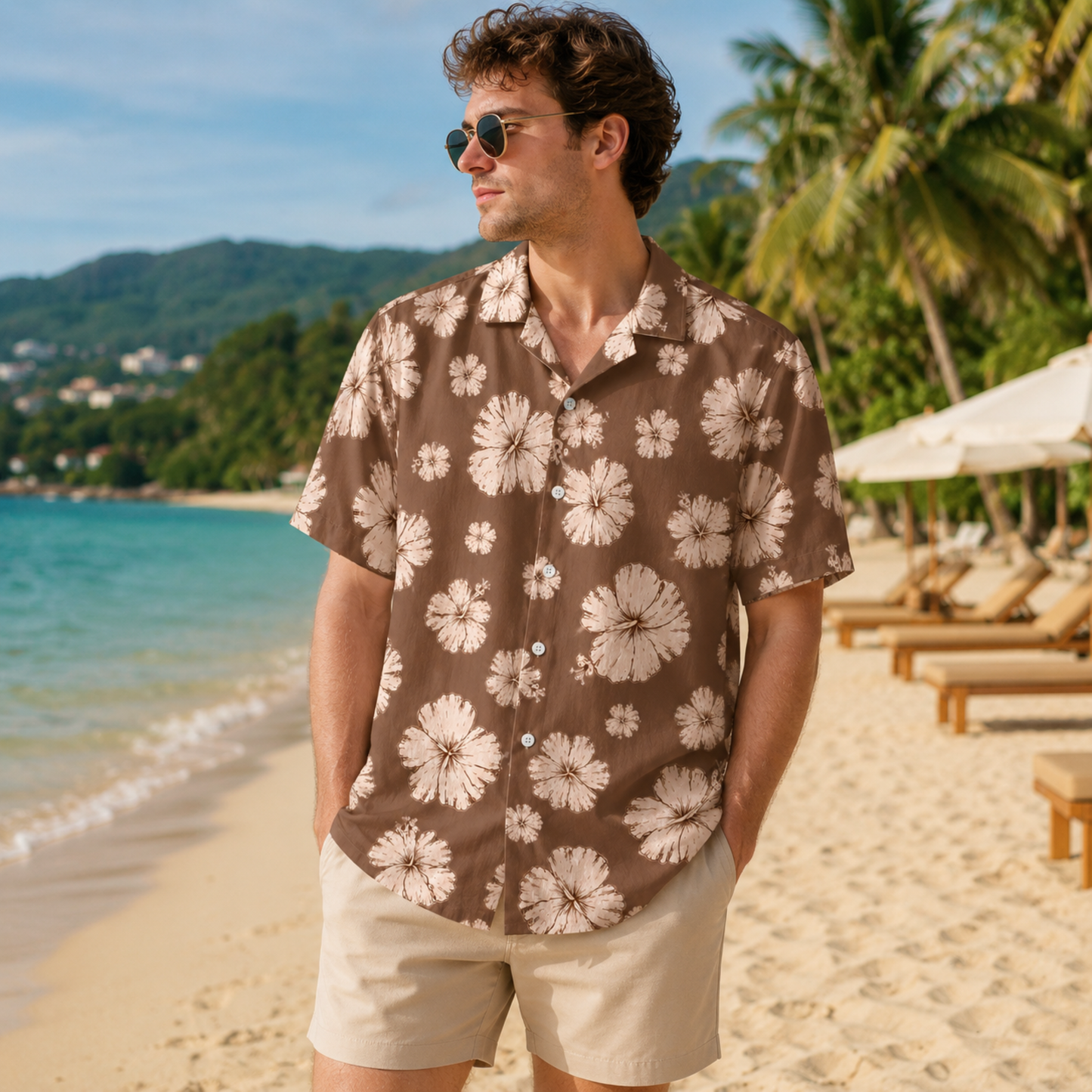 HW-M232-Brown Hawaiian Shirt Apparel, Floral Pattern Loungewear Vacation Summer Beach Resort Clothing