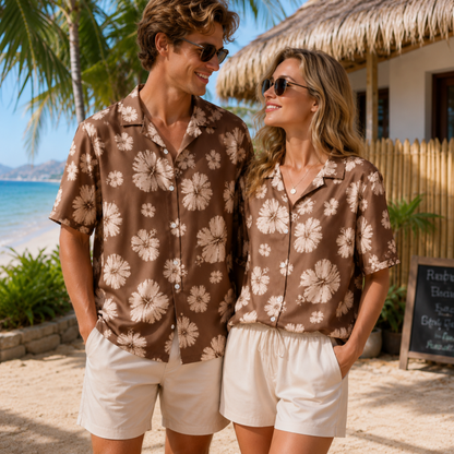 HW-M232-Brown Hawaiian Shirt Apparel, Floral Pattern Loungewear Vacation Summer Beach Resort Clothing