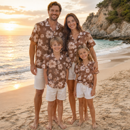 HW-M232-Brown Hawaiian Shirt Apparel, Floral Pattern Loungewear Vacation Summer Beach Resort Clothing
