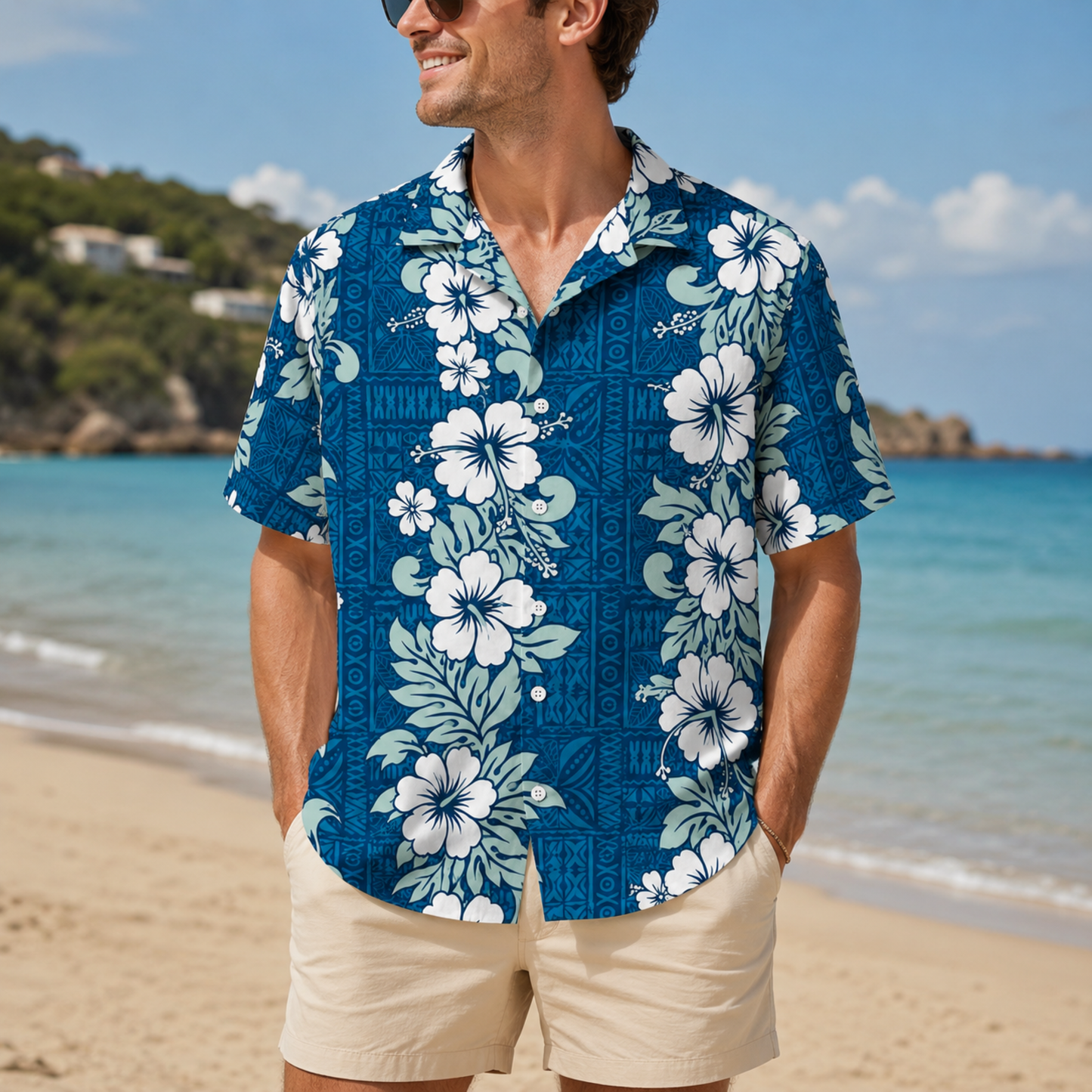 HW-M233-Tropical Floral Shirt Apparel, Leaves Pattern Loungewear Vacation Summer Beach Resort Clothing