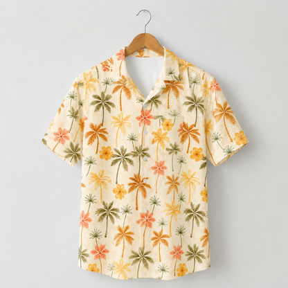 HW-M235-Cream Fabric Aesthetic Hawaiian Shirt Apparel, Whimsical Vacation Graphic Loungewear Vacation Summer Resort Raiment