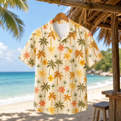 HW-M235-Cream Fabric Aesthetic Hawaiian Shirt Apparel, Whimsical Vacation Graphic Loungewear Vacation Summer Resort Raiment