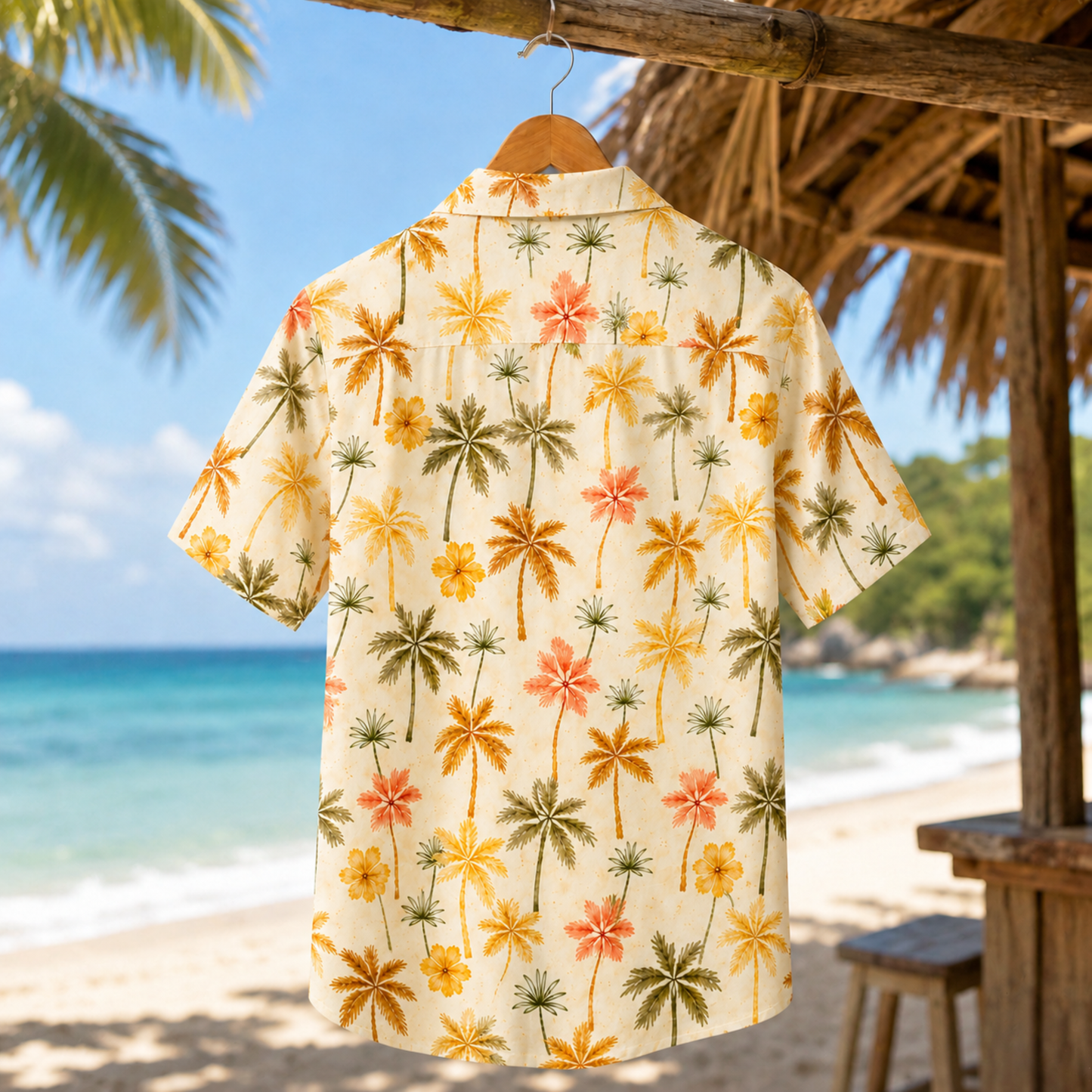 HW-M235-Cream Fabric Aesthetic Hawaiian Shirt Apparel, Whimsical Vacation Graphic Loungewear Vacation Summer Resort Raiment