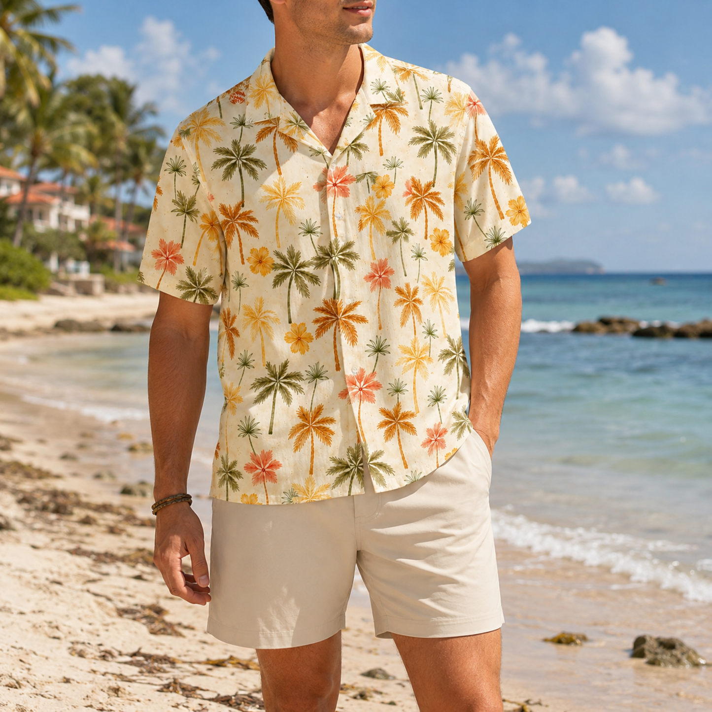 HW-M235-Cream Fabric Aesthetic Hawaiian Shirt Apparel, Whimsical Vacation Graphic Loungewear Vacation Summer Resort Raiment