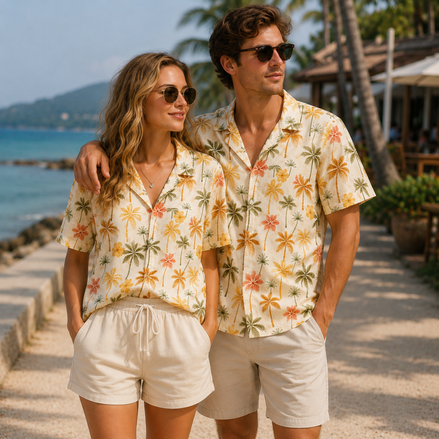 HW-M235-Cream Fabric Aesthetic Hawaiian Shirt Apparel, Whimsical Vacation Graphic Loungewear Vacation Summer Resort Raiment