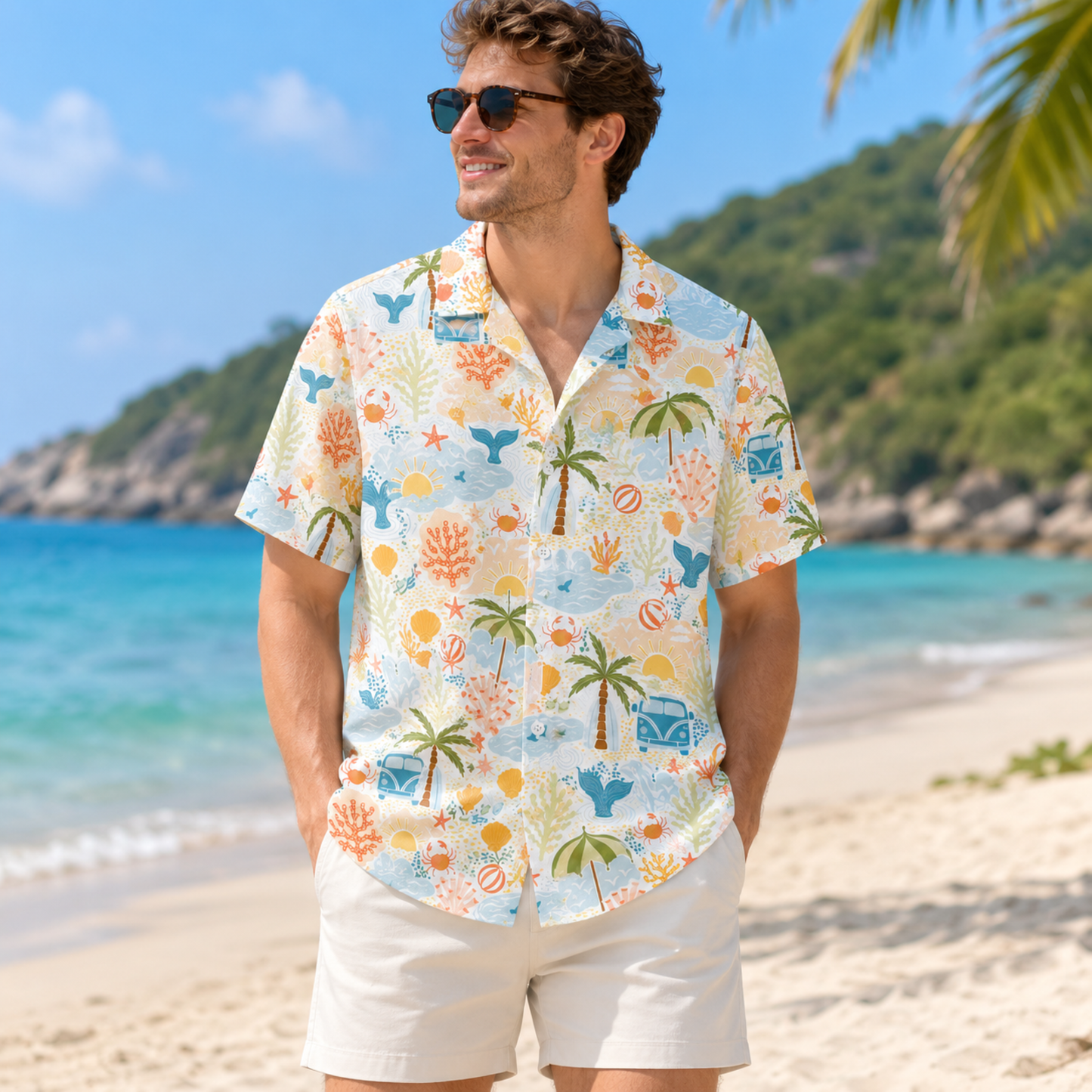 HW-M236-Tropical Hawaiian Shirt Apparel, Whimsical Vacation Graphic Loungewear Vacation Summer Resort Raiment
