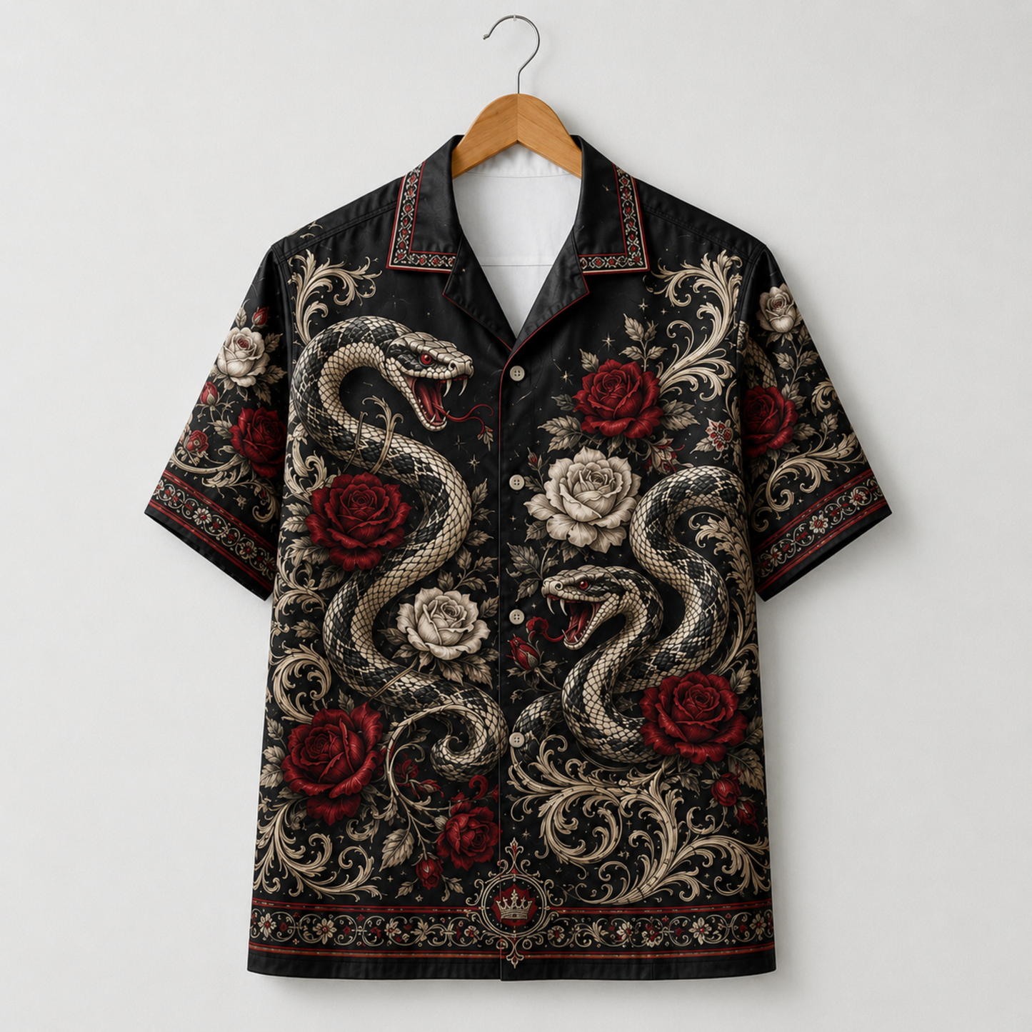 HW-M347-Black Satin Snake And Rose Print Hawaiian Shirt Gothic Floral Top