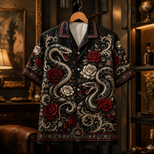 HW-M347-Black Satin Snake And Rose Print Hawaiian Shirt Gothic Floral Top