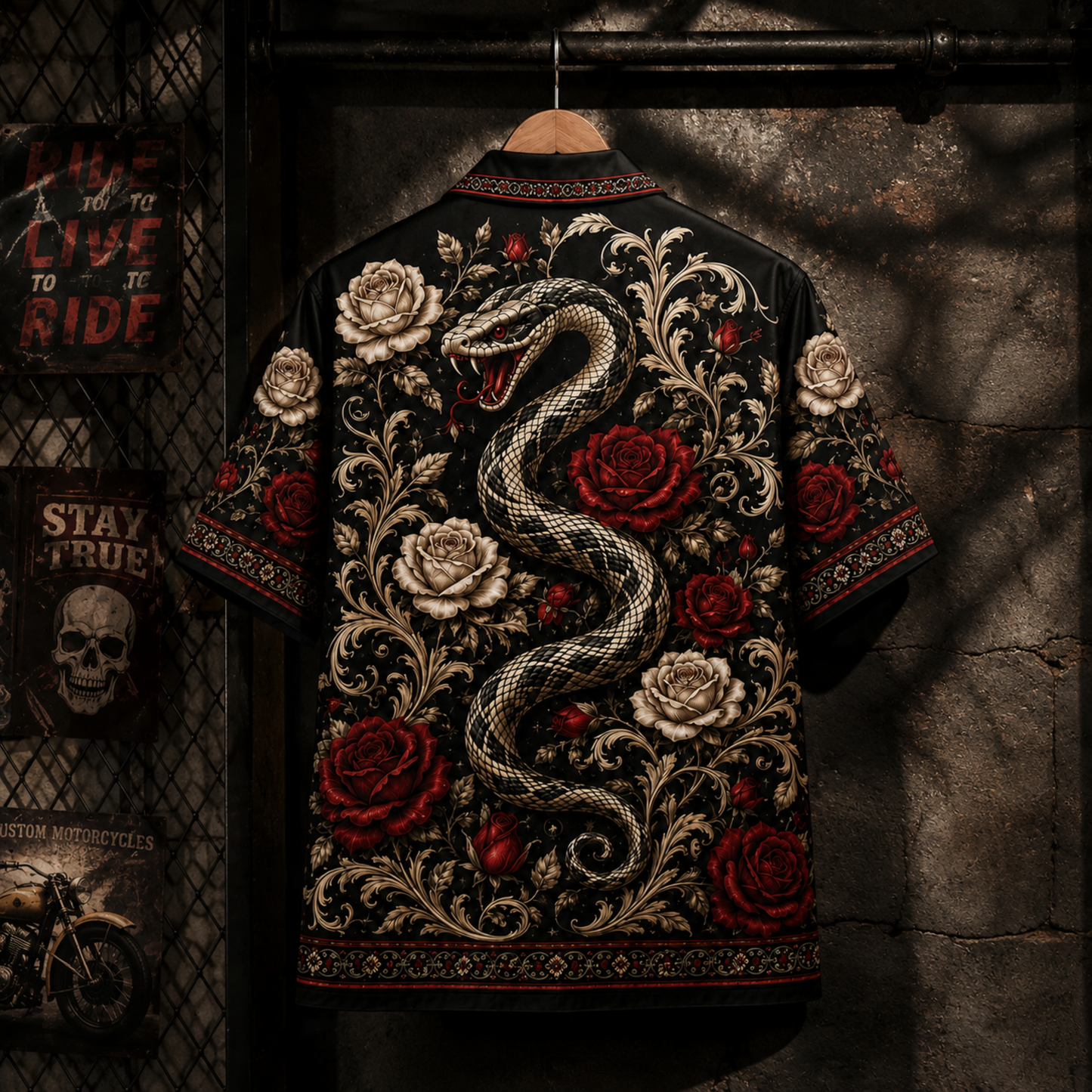 HW-M347-Black Satin Snake And Rose Print Hawaiian Shirt Gothic Floral Top
