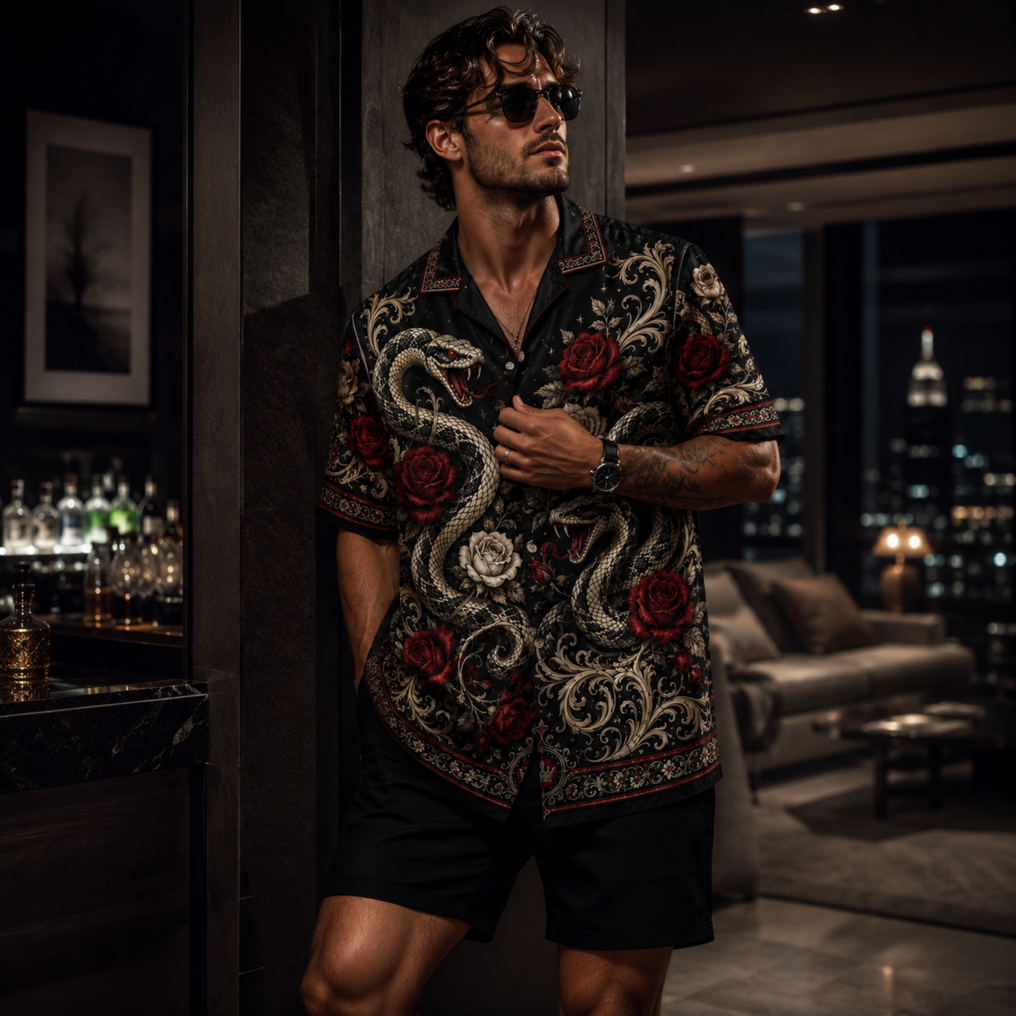 HW-M347-Black Satin Snake And Rose Print Hawaiian Shirt Gothic Floral Top