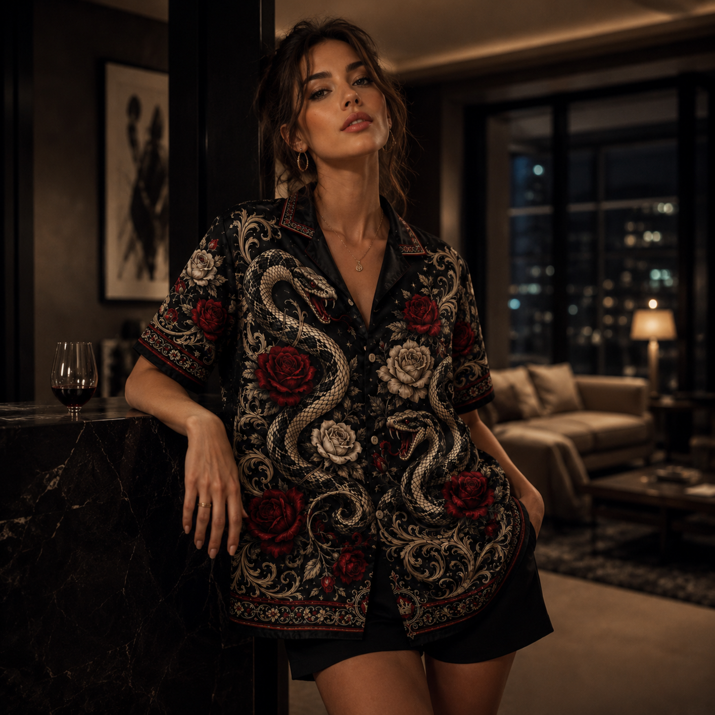 HW-M347-Black Satin Snake And Rose Print Hawaiian Shirt Gothic Floral Top