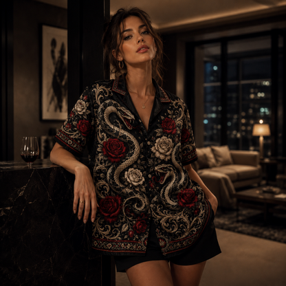 HW-M347-Black Satin Snake And Rose Print Hawaiian Shirt Gothic Floral Top