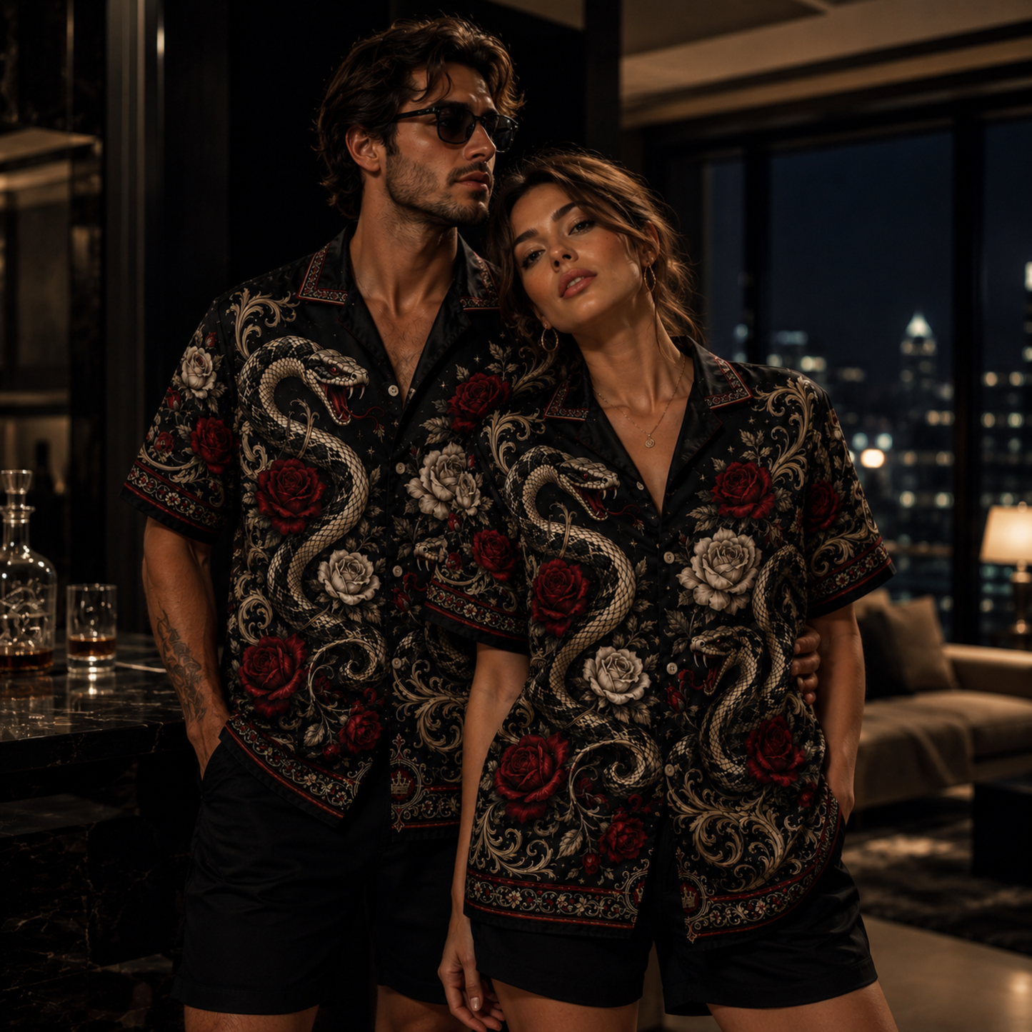 HW-M347-Black Satin Snake And Rose Print Hawaiian Shirt Gothic Floral Top