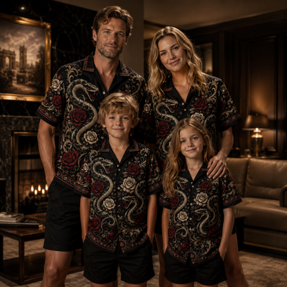 HW-M347-Black Satin Snake And Rose Print Hawaiian Shirt Gothic Floral Top