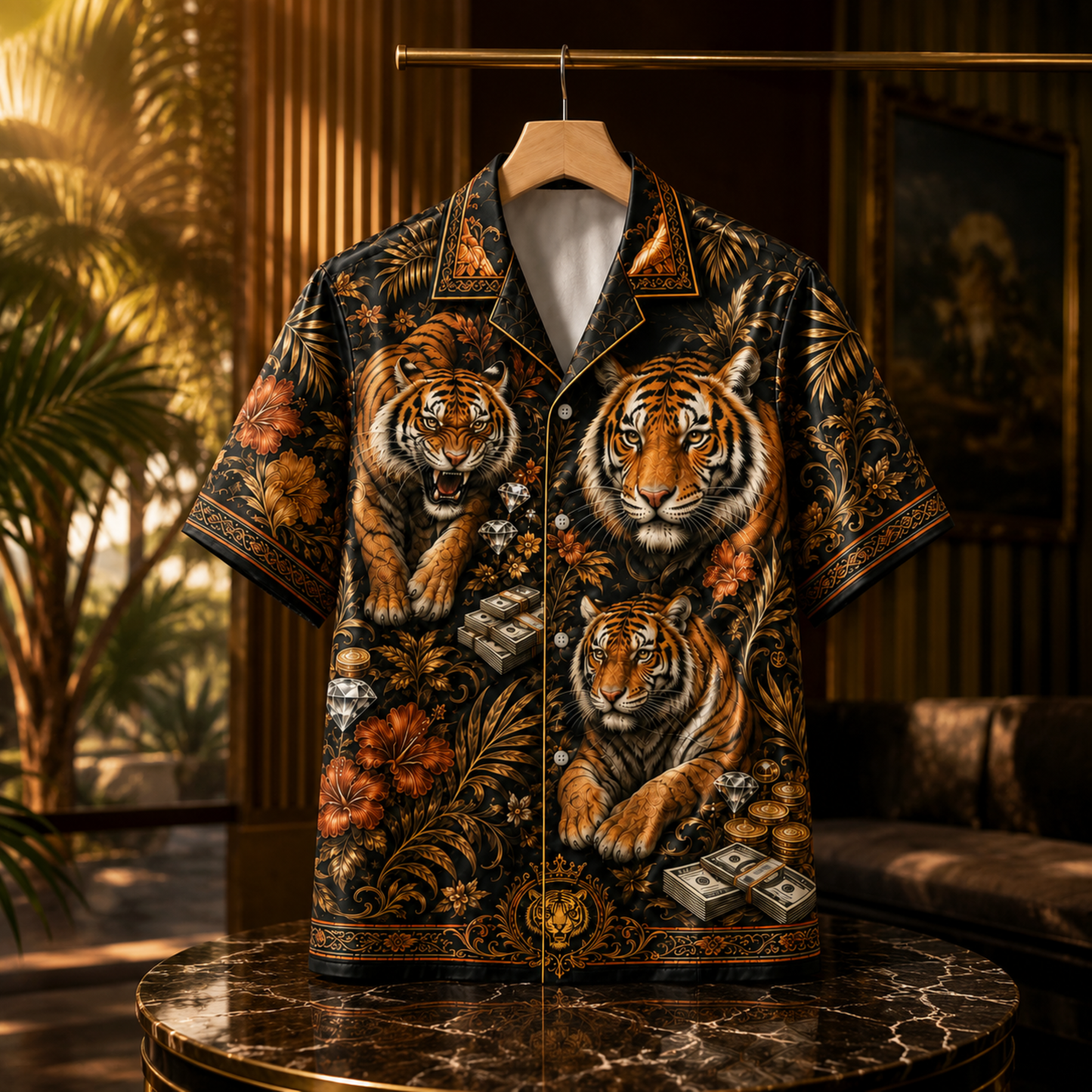 HW-M348-Black Satin Tiger Gold Floral Print Hawaiian Shirt Luxury Money Top