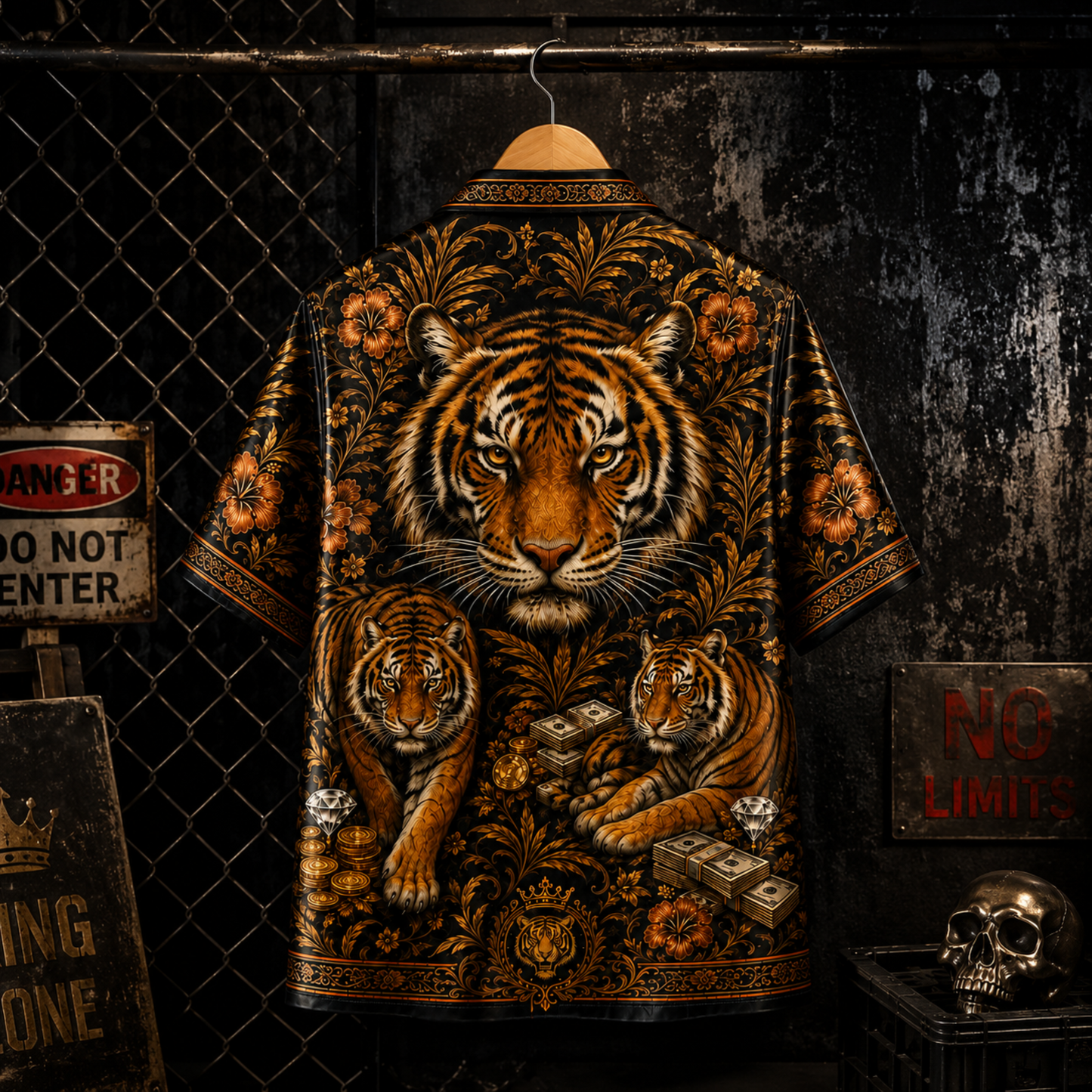 HW-M348-Black Satin Tiger Gold Floral Print Hawaiian Shirt Luxury Money Top