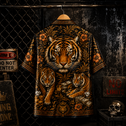 HW-M348-Black Satin Tiger Gold Floral Print Hawaiian Shirt Luxury Money Top