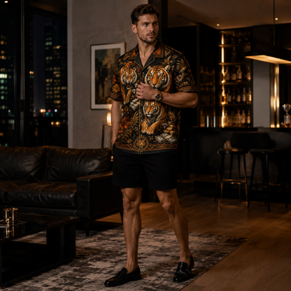 HW-M348-Black Satin Tiger Gold Floral Print Hawaiian Shirt Luxury Money Top