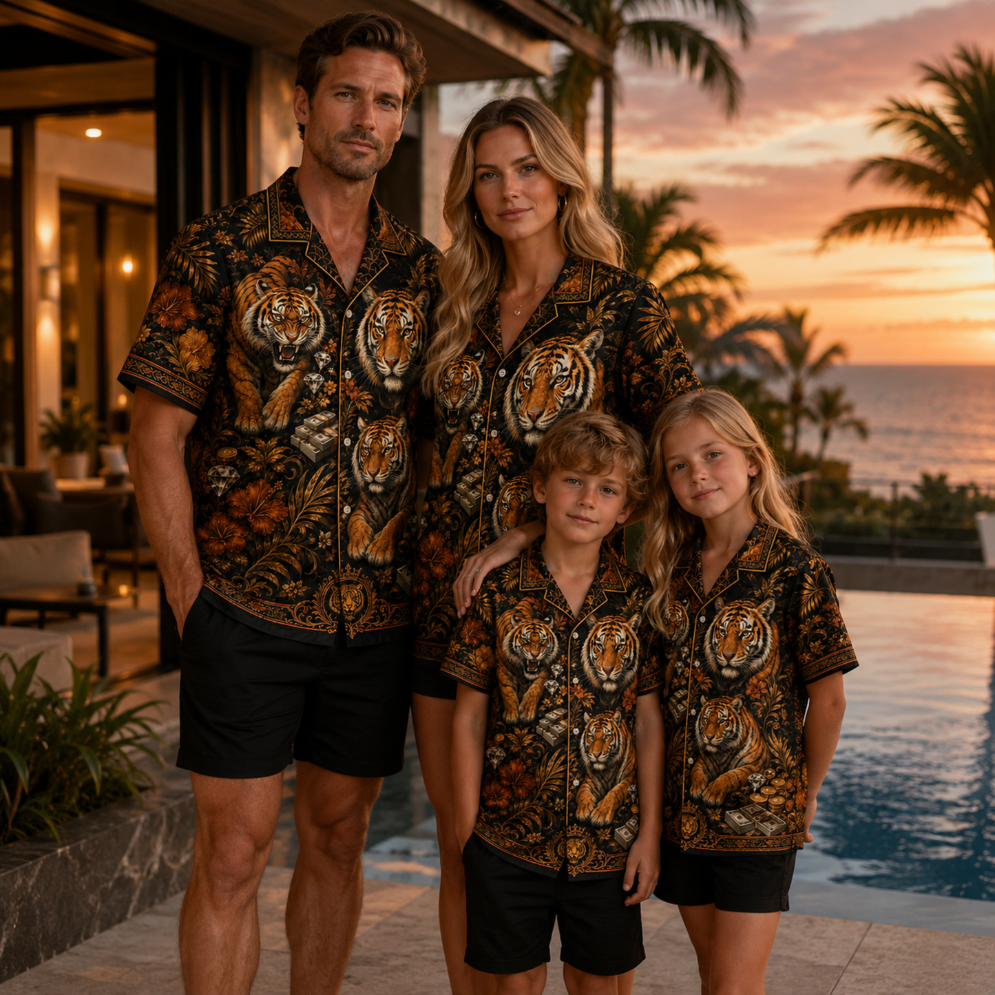 HW-M348-Black Satin Tiger Gold Floral Print Hawaiian Shirt Luxury Money Top