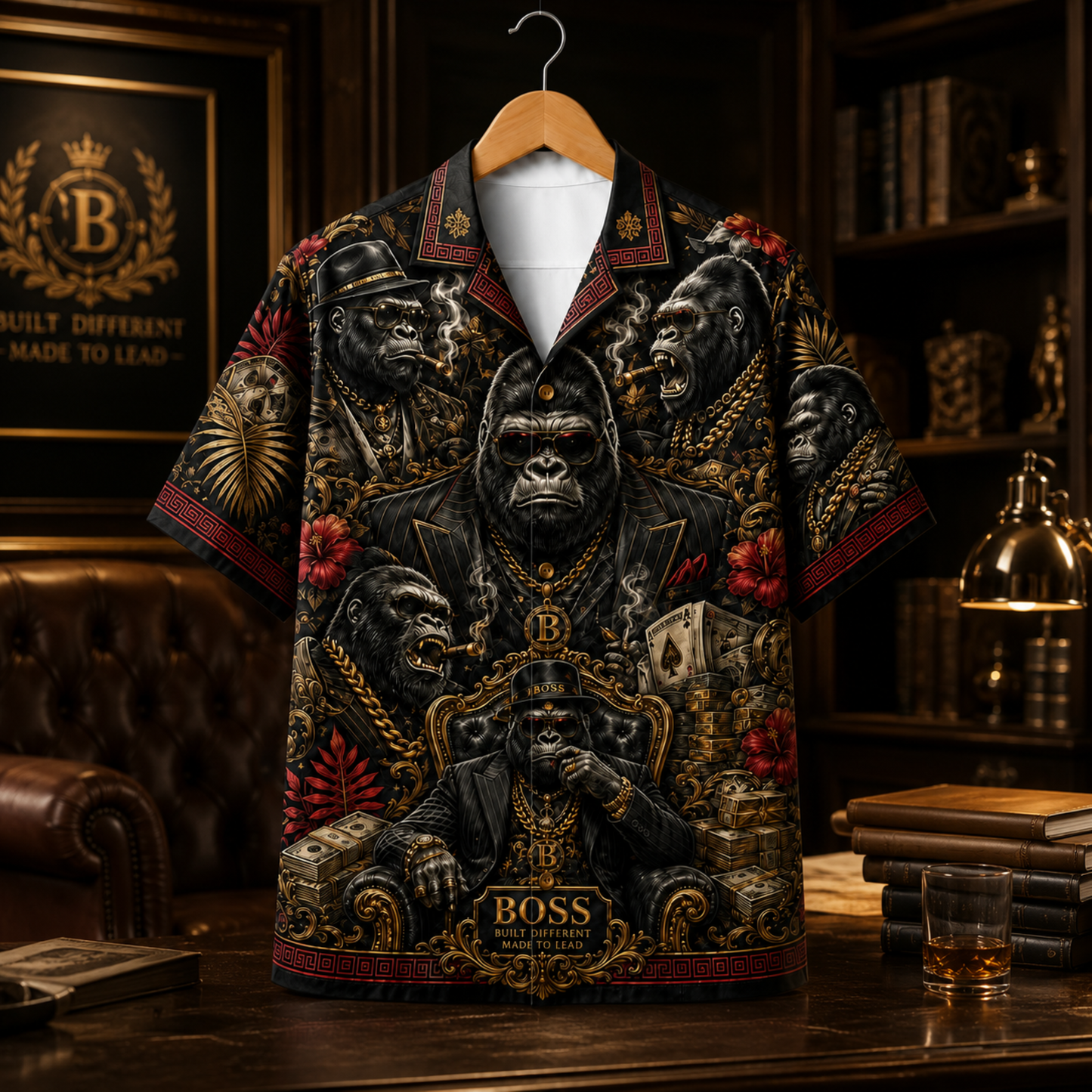 HW-M349-Luxury Boss Gorilla Print Satin Hawaiian Shirt Dark Graphic Top