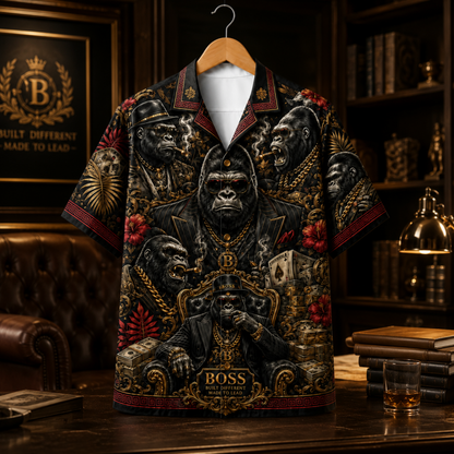 HW-M349-Luxury Boss Gorilla Print Satin Hawaiian Shirt Dark Graphic Top