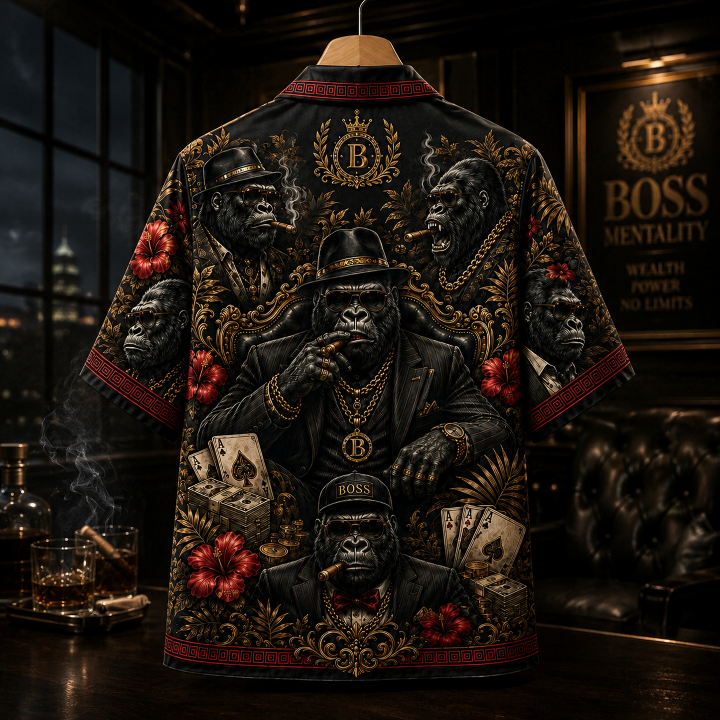 HW-M349-Luxury Boss Gorilla Print Satin Hawaiian Shirt Dark Graphic Top