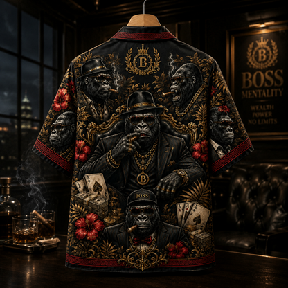 HW-M349-Luxury Boss Gorilla Print Satin Hawaiian Shirt Dark Graphic Top