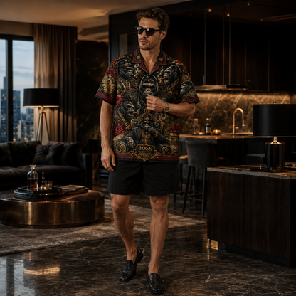 HW-M349-Luxury Boss Gorilla Print Satin Hawaiian Shirt Dark Graphic Top
