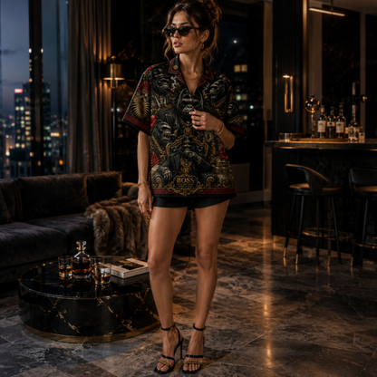 HW-M349-Luxury Boss Gorilla Print Satin Hawaiian Shirt Dark Graphic Top